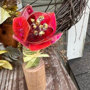 Hand Crafted Red Glass Floral Accent with Gold Detail